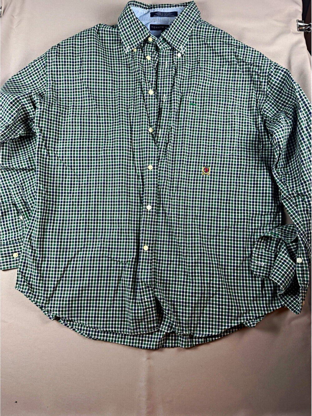 Tommy Hilfiger Men's XL Green White Blue Check Cotton Woven Button-Up Shirt